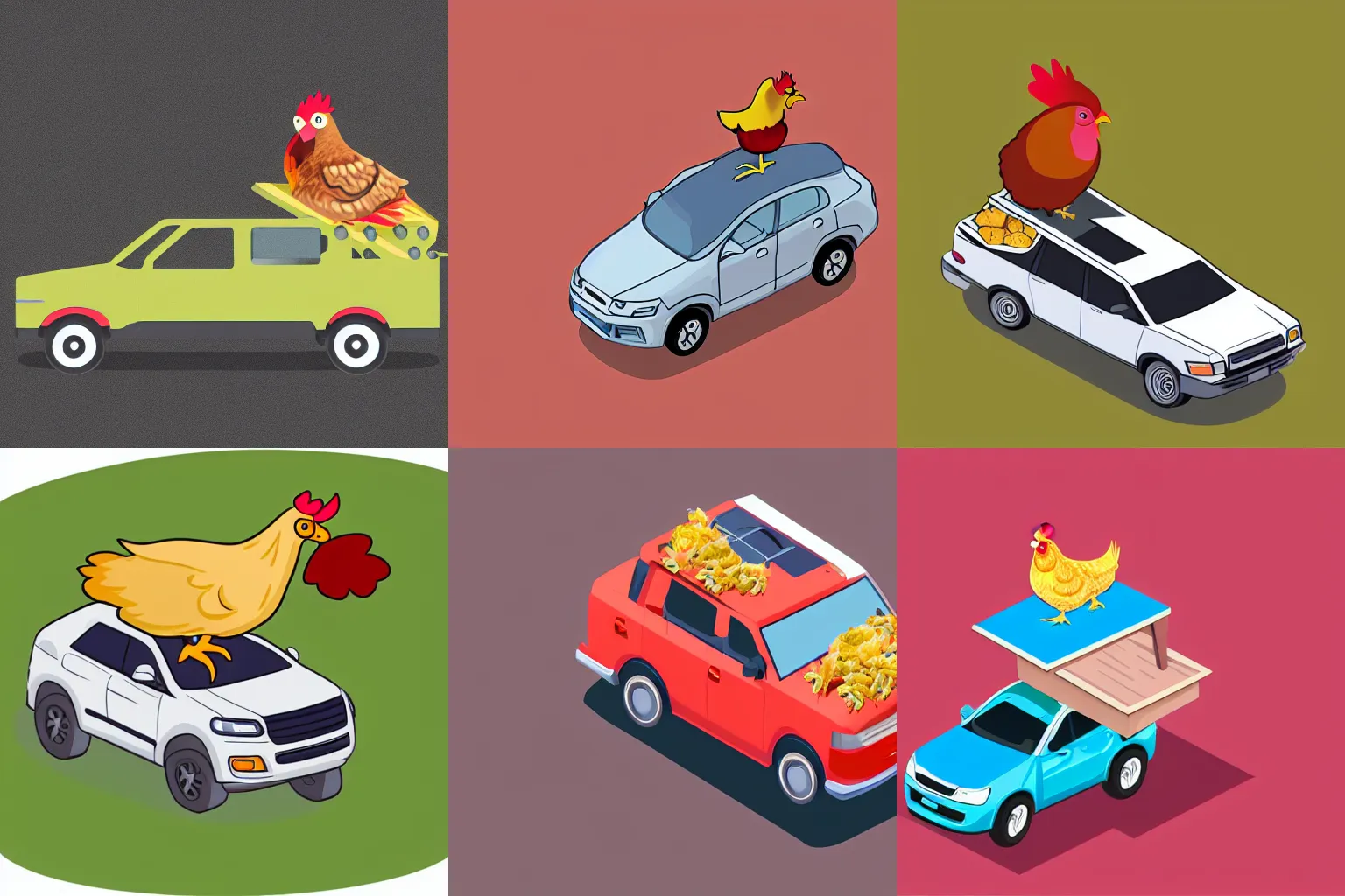 Prompt: chicken on top of a car, vector graphics, isometric view