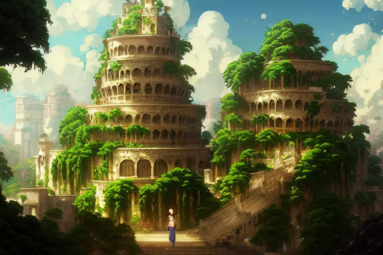 Image similar to baroque oil painting of anime key visual environment concept art of anime hanging gardens of babylon, brutalist, dark fantasy, rule of thirds, digital cel shading, fake hidden detail, trending on pixiv fanbox, acrylic palette knife and brush, style of makoto shinkai studio ghibli genshin impact jamie wyeth james gilleard greg rutkowski