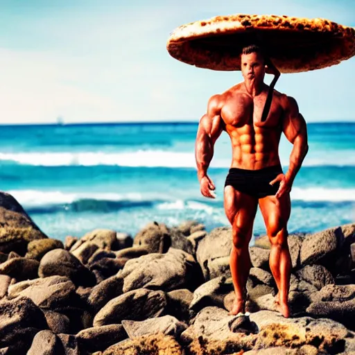 Image similar to muscular man in pizza styled outfit, beach background