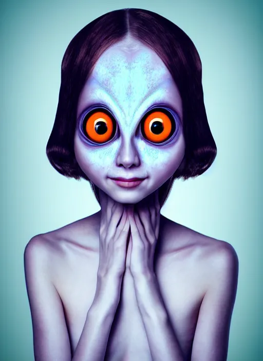 Image similar to nervous alien girl with two big cute eyes, the head is tightly wrapped in plastic wrap with a market label on it. high detail, realistic, symmetrical face, photoreal