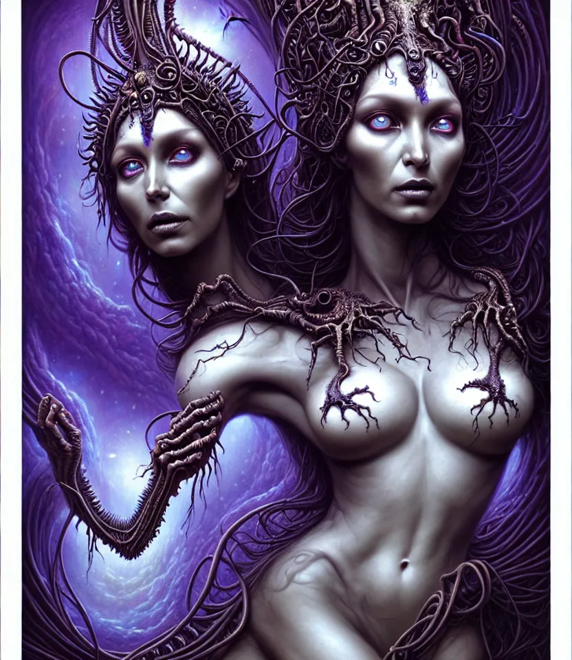 Image similar to A beautiful detailed alien goddess woman with 6 arms super dark tarot card, gorgeous model face by Stanley Artgerm, by tomasz alen kopera and Justin Gerard, 4 eyes, beautiful symmetrical features, ominous, magical realism, melting, texture, intricate, ornate, royally decorated, melting, whirling smoke, embers, purple adornments, blue torn fabric, radiant colors, fantasy, trending on artstation, volumetric lighting, micro details, 3d sculpture, ray tracing, 8k, anaglyph effect