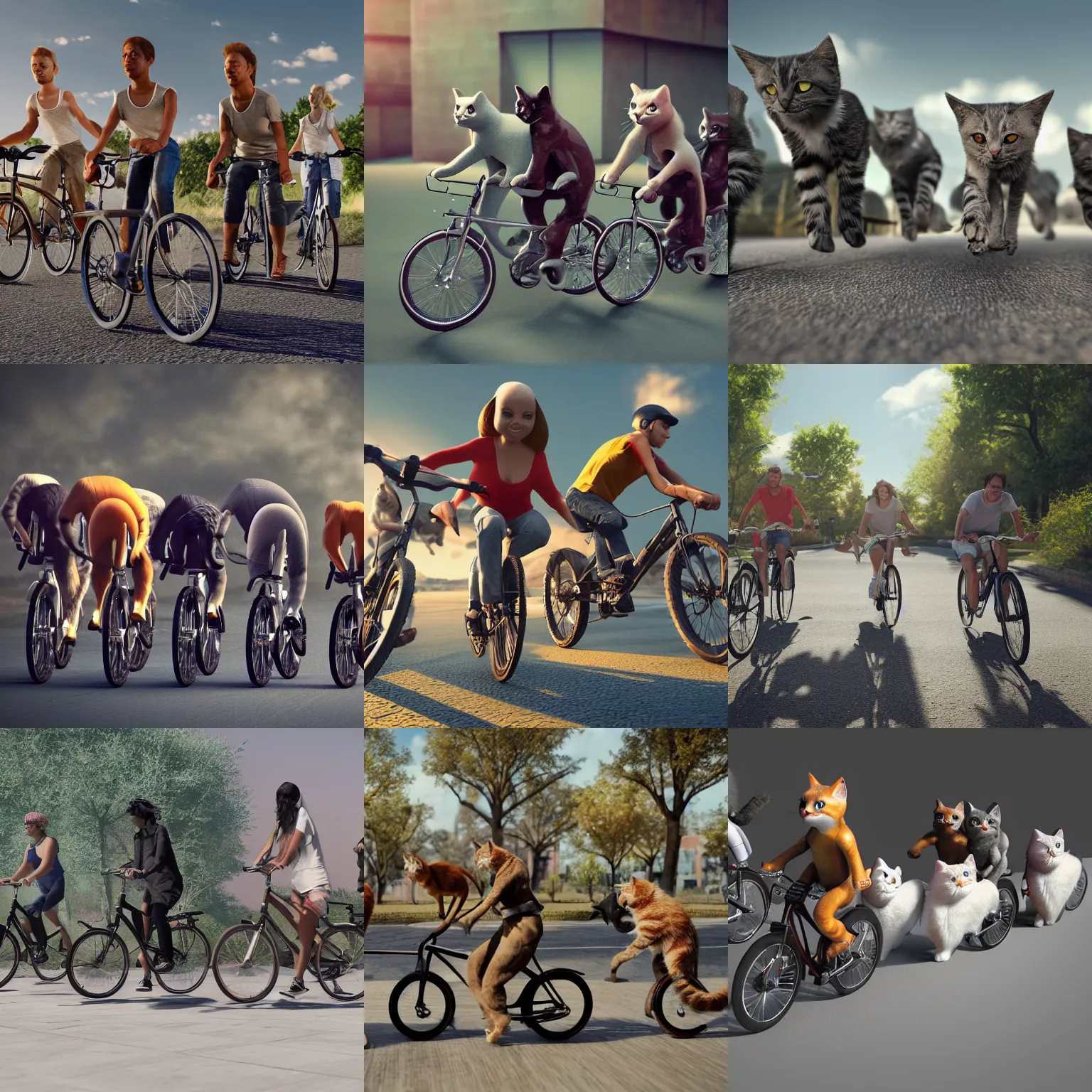 Prompt: group of cats!!!!!!!!!!! riding bikes, bicycles, octane render, highly detailed