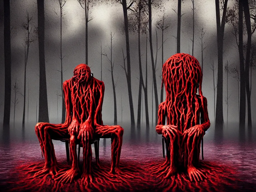 Image similar to a dream of a man with five heads, twelve arms, sitting on chair made of human limbs, the chair is floating in a lake of blood, around the lake are melting trees, the man's limbs are merging with the trees, found on artstation, hyperrealistic nightmare scene, supernatural, highly detailed, creepy, terrifying