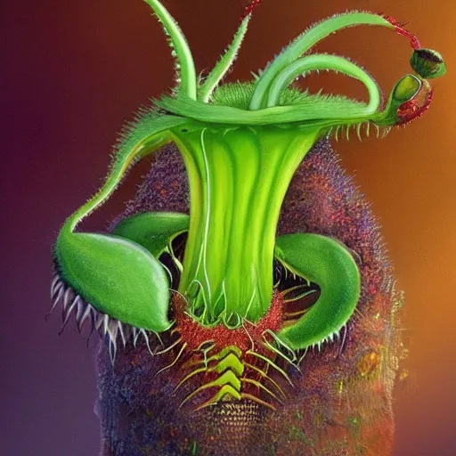 Image similar to cute anthropormorphic furry carniverous plants venus fly trap with very big open eyes and big teeth detailed painting 4 k