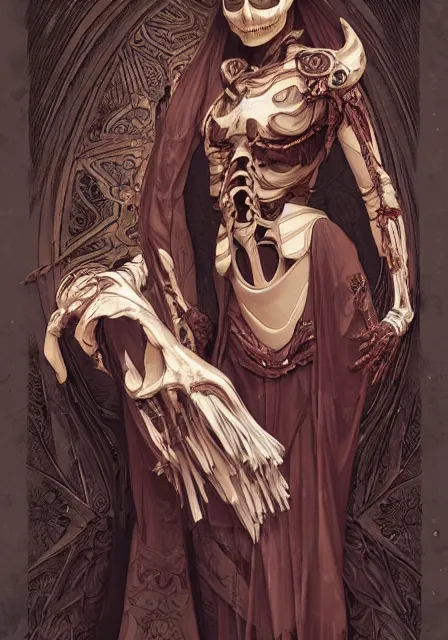 Image similar to mummy sansa in skeleton goddess of death and blood, intricate, elegant, highly detailed, digital painting, artstation, concept art, smooth, sharp focus, illustration, art by artgerm and greg rutkowski and alphonse mucha and william - adolphe bouguereau