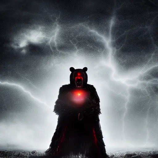 Image similar to berserker bear, wearing hood and torn cape, red glowing eyes, wearing magic orb in neck, dark background, cinematic lightning, hyper realism, centered, white and black clothing, black hair, exquisite detail, 4k