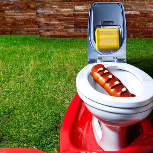 Prompt: many hotdogs being flushed down a toilet