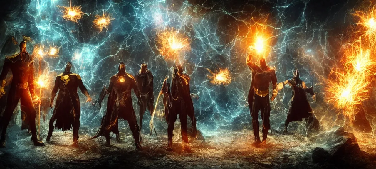 Prompt: Photorealistic still image of six wizards standing in dark cave and shoot fireballs from their magic staffs at DC comic character Black Adam, dark ancient atmosphere, full of glowing bouncing particles floating randomly from ground, dramatic lighting, fluidy colorful particles rising from ground, realism of hollywood movie with incredible amount of fine details