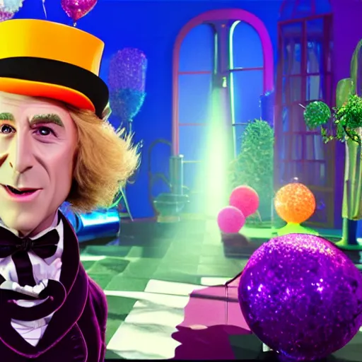 Image similar to still photo of willy wonka, bright studio setting, studio lighting, crisp quality and light reflections, unreal engine 5 quality render