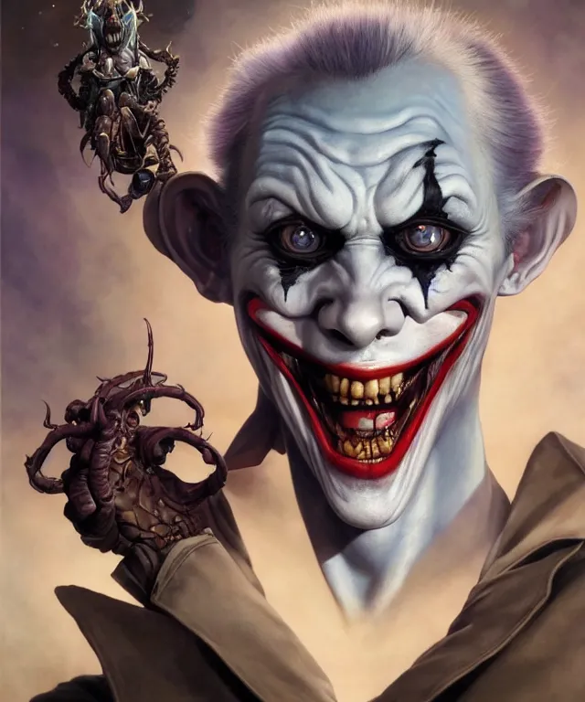 Prompt: beautiful portrait of evil fantasy baby joker, ultra realistic, wide angle, intricate details, the fifth element artifacts, highly detailed by peter mohrbacher, hajime sorayama, wayne barlowe, boris vallejo, aaron horkey, gaston bussiere, craig mullins