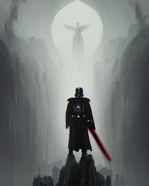 Image similar to Darth vader, fantasy, illustrated by Greg Rutkowski and Caspar David Friedrich, high detail, god rays, Trending on artstation, artstationHD, artstationHQ