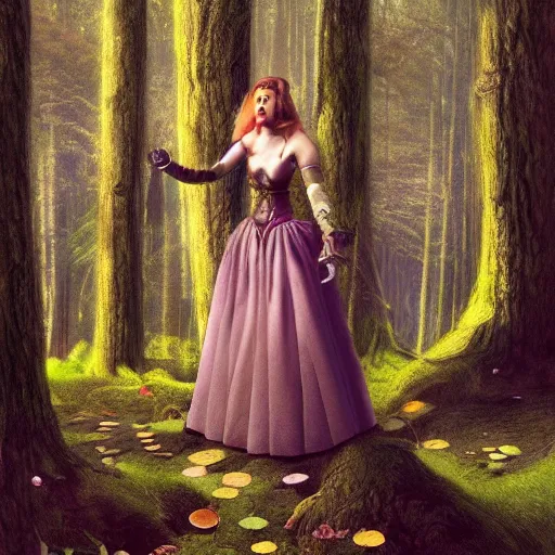 Image similar to the court jesters wife lost in the woods, pretty, beautiful, hyper realistic fantasy painting, artstation, by ansel adams and annie leibovitz, cinematic, magical