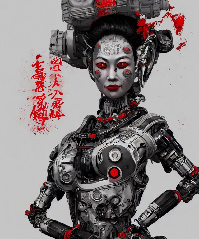 Image similar to an epic fantastic realism comic book style portrait painting of a japanese robotic geisha with kanji tattoos and decals, apex legends, octane render, intricate detail, 4 k hd, unreal engine 5, ex machina, irobot