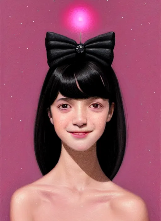 Image similar to portrait of teenage girl, narrow face, black hair, bangs, half updo hairstyle, pointy nose, skinny, smile, unattractive, defined jawline, big chin, pink hair bow, earrings, intricate, elegant, glowing lights, highly detailed, digital painting, artstation, sharp focus, illustration, art by wlop, mars ravelo and greg rutkowski