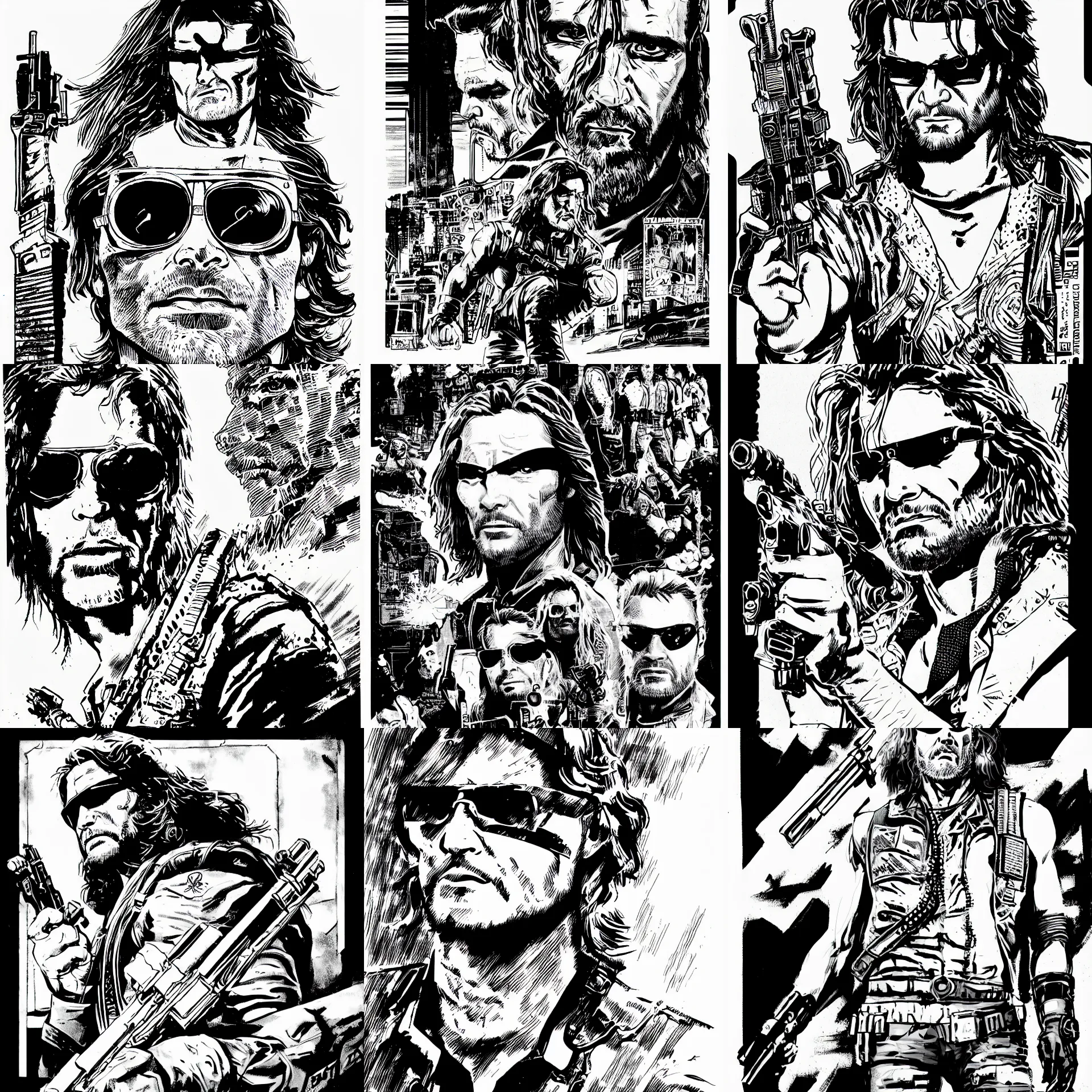 Prompt: snake plisken, portrait, a page from cyberpunk 2 0 2 0, style of paolo parente, style of mike jackson, 1 9 9 0 s comic book style, plain background, ink drawing, black and white