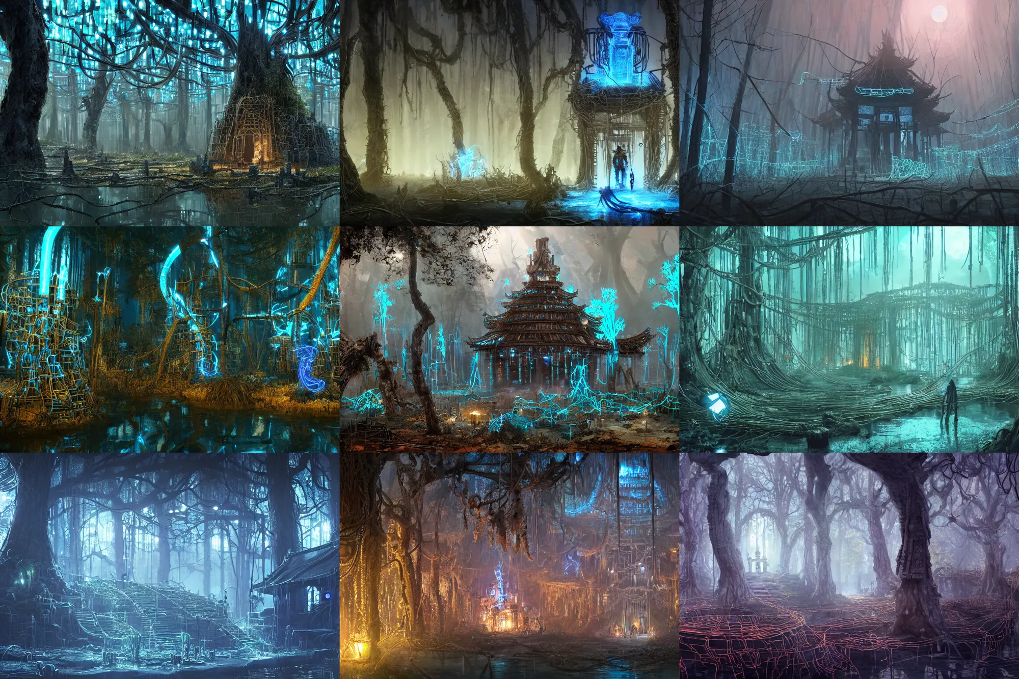 Prompt: Ancient technomancer temple in a Swamp full of trees made out of thousands of wires and pipes, blue glowing lights, artstation trending unreal 8k HD