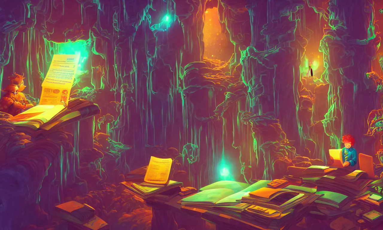 Prompt: workstations, kerberos realm, faked ticket close up, wizard reading a directory, colorful ravine, 3 d art, digital illustration, perfect lighting