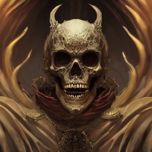 Image similar to portrait of a powerful lich, skeleton, fantasy, intricate, elegant, highly detailed, digital painting, artstation, concept art, matte, sharp focus, illustration, art by aenaluck and roberto ferri and greg rutkowski, epic fantasy, digital painting