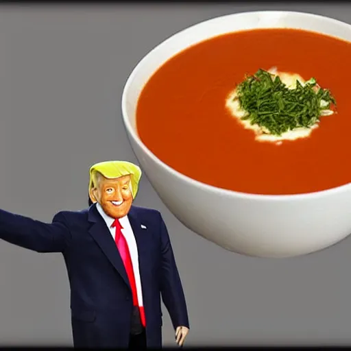 Image similar to bowl of tomato soup balancing on donald trumps head,