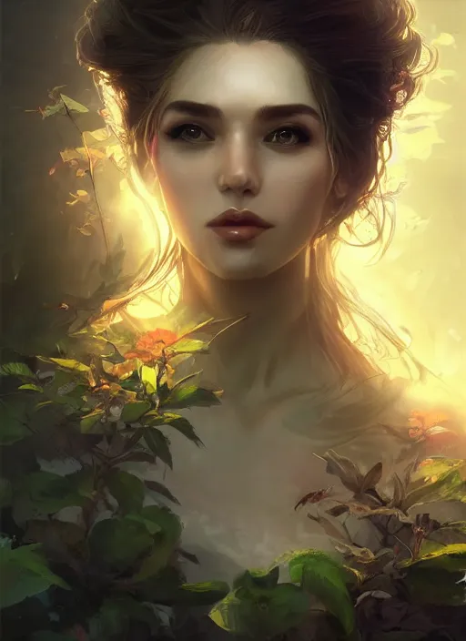 Image similar to female seductive queen of nature girl, beautiful face, rule of thirds, intricate outfit, backlit, foreground art by artgerm, background art by greg rutkowsk and jeremy mann, digital painting