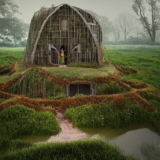 Prompt: beautiful organic house made of imaginary plants in a swamp, architectural render, chillwave, by isaac cordal, gabriel dawe, skottie young and jessica rossier, blender, vegetal architecture, junglepunk, trending on artstation.