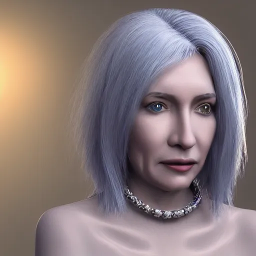 Image similar to **a beautiful woman with gray hair wearing a necklace and rings , 8K resolution, astral, aurora, hyperdetailed, serene, Mystic, trending on Artstation, Unreal Engine, digital art, soft focus, wide-angle lens**