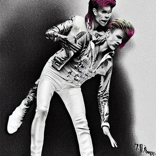 Prompt: david bowie getting a piggy back ride from ziggy stardust, digital art, glam rock