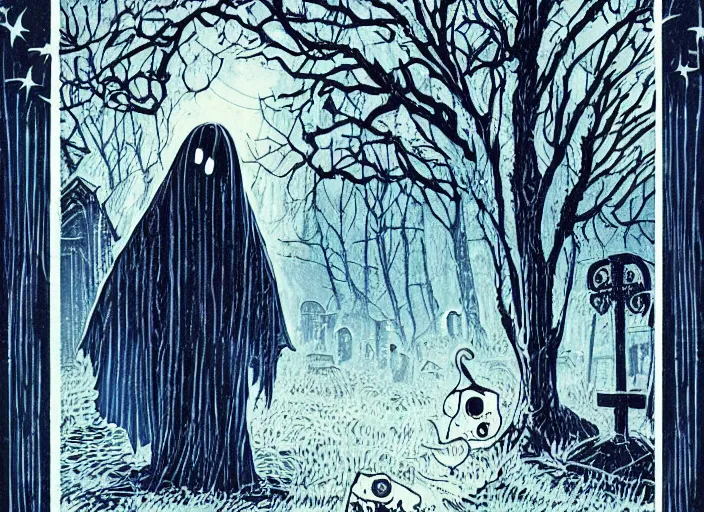 Image similar to blue woodcut print, cartoon halloween ghost in graveyard at midnight by greg rutkowski, fine details, highly detailed