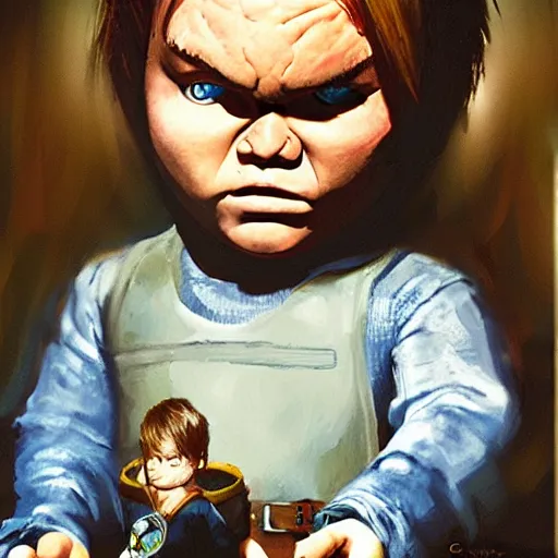 Prompt: chris pratt and the doll chucky, oil painting, by greg rutkowski