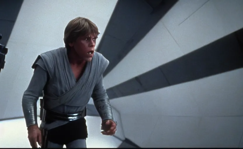 Prompt: screenshot of the epic scene featuring Luke Skywalker in grey body armor, iconic scene from 1980s film by Stanley Kubrick, 4k, cinematic still frame, surreal sci fi architecture, portrait photoreal, detailed face, moody lighting, stunning cinematography, hyper detailed, sharp, anamorphic lenses, kodak color film stock