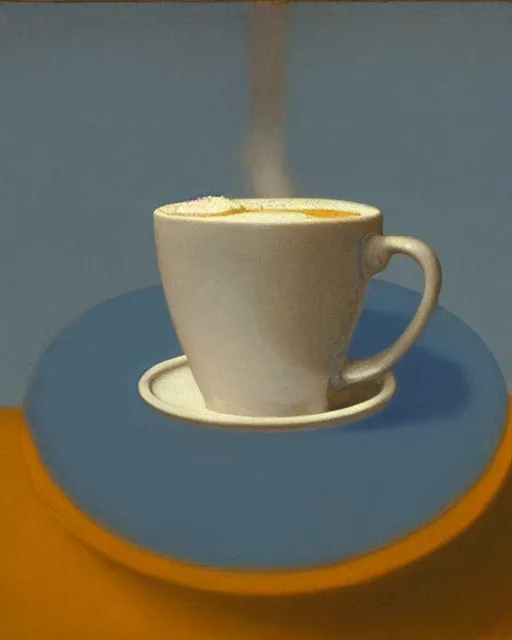 Prompt: michael sowa's 'brain floating inside cup of coffee', still life, far shot, blue background, vibrant, brain, realism