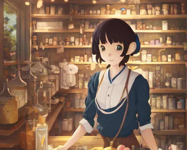 Image similar to anime visual, portrait of a young female traveler in a alchemist's shop interior, cute face by yoh yoshinari, katsura masakazu, studio lighting, dynamic pose, dynamic perspective, strong silhouette, anime cels, ilya kuvshinov, cel shaded, crisp and sharp, rounded eyes, moody, cold colors