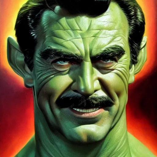 Image similar to ultra realistic head and shoulders portrait painting of tom selleck as green goblin, art by frank frazetta, 4 k, ultra realistic, highly detailed, epic lighting