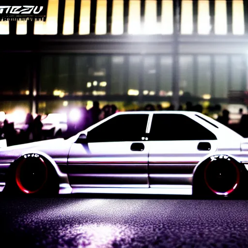 Image similar to a car JZX100 twin turbo drift at illegal car meet, Shibuya prefecture, city midnight mist lights, cinematic lighting, photorealistic, highly detailed wheels, high detail