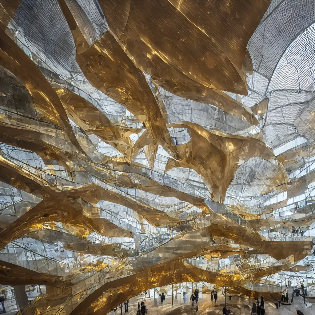 Prompt: “ the interior atrium hall of the museum of emotions designed by highly sculptural hyperbolic boolean surfaces, a sculptural staircase done in gold floats up to a skylight, highly detailed in 4 k ”