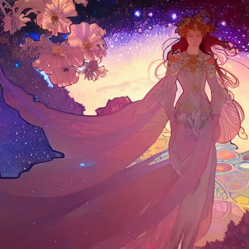 Image similar to a beautiful highly detailed digital art of colorful castle nebulas by alphonse mucha, moebius, krenz cushart, stars in the background, highly detailed, intricate design, cinematic view, 8 k resolution, trending on artstation