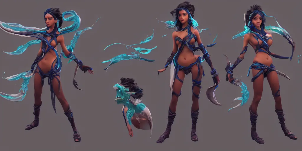 Prompt: character sheet of beautiful Ocean Song Akali (wild rift). 3d render, octane render, realistic, highly detailed, trending on artstation, 4k, trending on artstation, pixar, cgsociety, unreal engine 5, redshift render, trending on artstation, blender, behance, cg