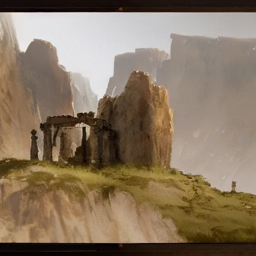 Image similar to concept art by craig mullins : an italian landscape, in the distance a small cliff of white marble can be seen. a stone henge is standig atop of the cliff