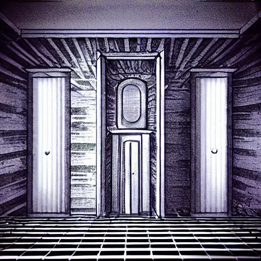 Prompt: “the inside of a huge white building with with many doors and stairs, confusing, clean geometric shapes, sharp lines, creepy, doors, strange dimensions, anime style, detailed background, horror anime”