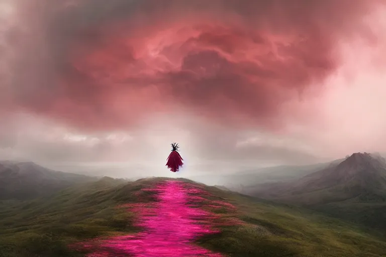 Image similar to giant dahlia flower crown under head, girl walking on mountain, surreal photography, pink and grey storm clouds, dramatic light, impressionist painting, digital painting, artstation, simon stalenhag