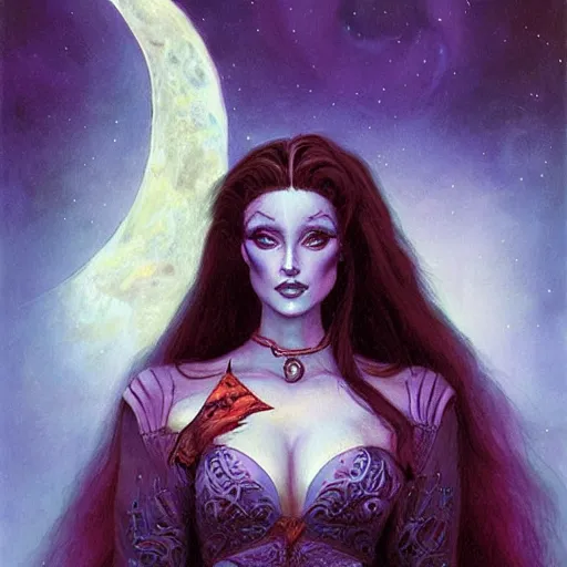 Image similar to portrait of princess of the dreamlands and moon beast, beautiful! coherent! by brom, deep colors, strong lines, high contrast