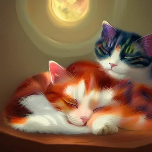 Prompt: two cute calico cats sleeping inside a cozy home in the evening, two multi - colored calico cats, artstation, cgsociety, storybook art