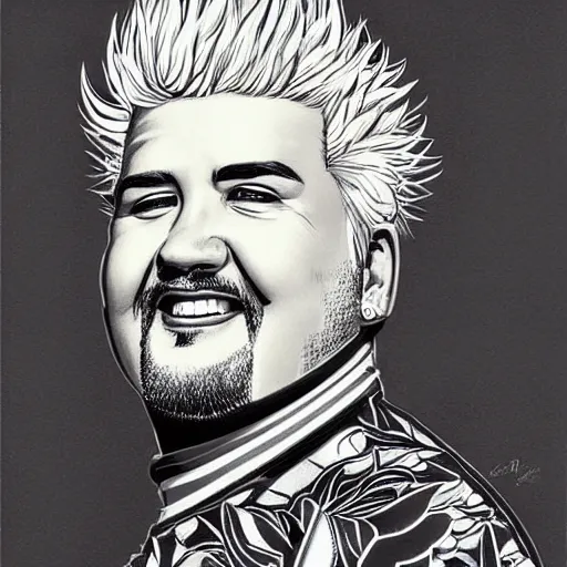 Image similar to head and shoulders portrait of Guy Fieri illustration, medium shot, intricate, elegant, highly detailed, digital art, ffffound, art by JC Leyendecker and sachin teng