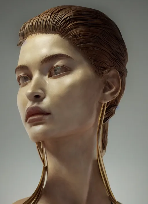 Image similar to sculpture made of wood, portrait, female, future, harper's bazaar, vogue, magazine, intricate, cinematic lighting, concept art, close up, ornate, luxury, elite, elegant, trending on artstation, by ruan jia, by Kenneth Willardt, by ross tran, by WLOP, by Andrei Riabovitchev,