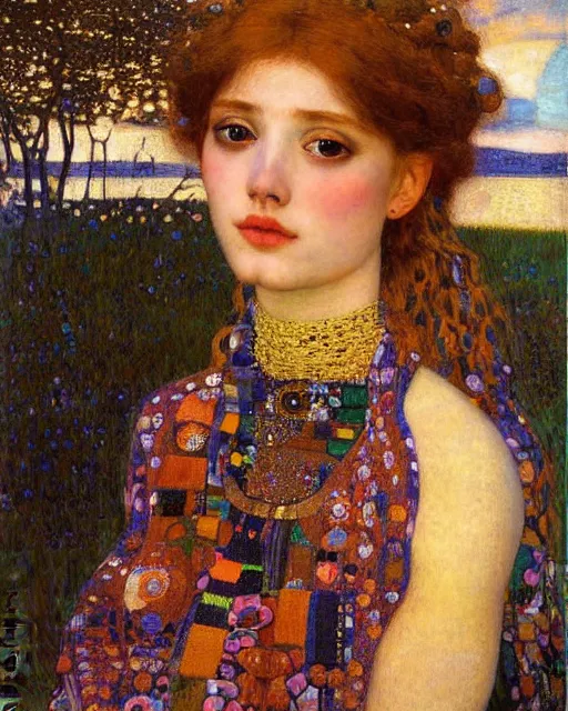 Image similar to a beautiful girl watching the sunset surrounded by colourful intricate patterns, by gustave klimt edgar maxence and caravaggio and michael whelan, intricate painting, hyper realistic, extremely detailed and beautiful aesthetic face, 8 k resolution