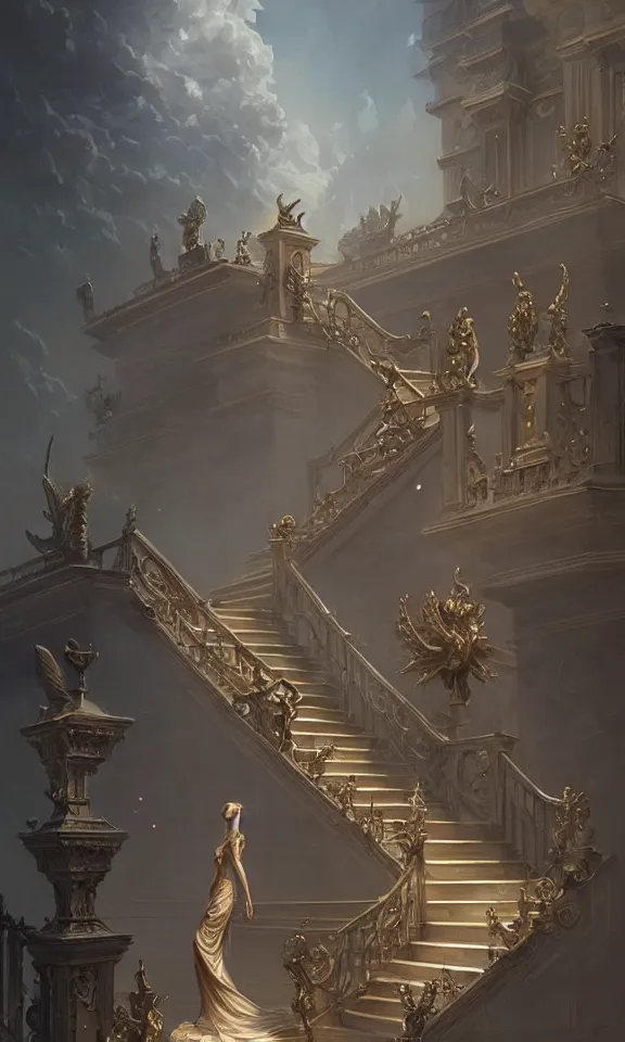 Prompt: straight staircase with ornate statues to heaven, art by greg rutkowski and peter mohrbacher, featured in artstation, octane render, cinematic, elegant, intricate, ultra detailed, rule of thirds, professional lighting, unreal engine, fantasy, concept art, sharp focus, illustration, 8 k