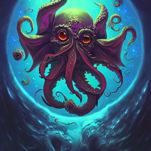 Prompt: an cosmic horror lithograph of chibi cthulhu, by stanley artgerm lau, wlop, rossdraws, james jean, andrei riabovitchev, marc simonetti, and sakimichan, tranding on artstation