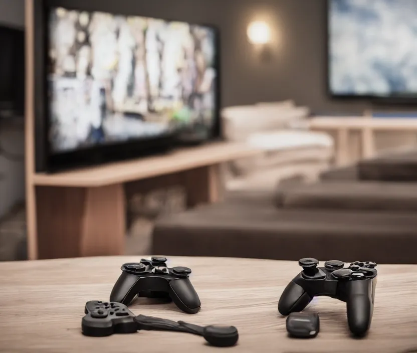 Image similar to game controller sitting on a table with a TV in the background, modern room, depth of field, high detail, complex