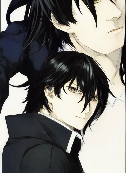 Prompt: portrait illustration by shigenori soejima, handsome male vampire, focus on face, pretty, long black hair, dark blue shirt, light brown trenchcoat