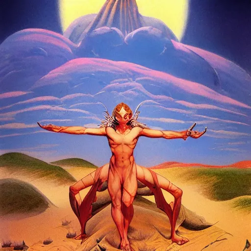 Prompt: journey of Bucolic gaze sand Desert Deity under crimson azure diamond sky, in the style of Frank Frazetta, Jeff Easley, Caravaggio, extremely clear and coherent, clear lines, 8K revolution